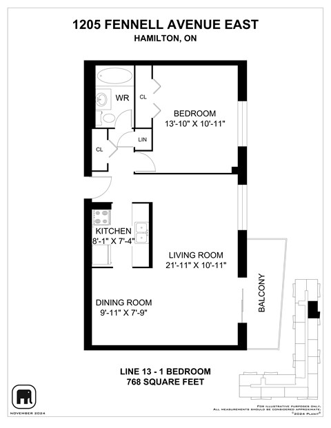 Floor plan for 1 bed, 1 bath, 794 sqft